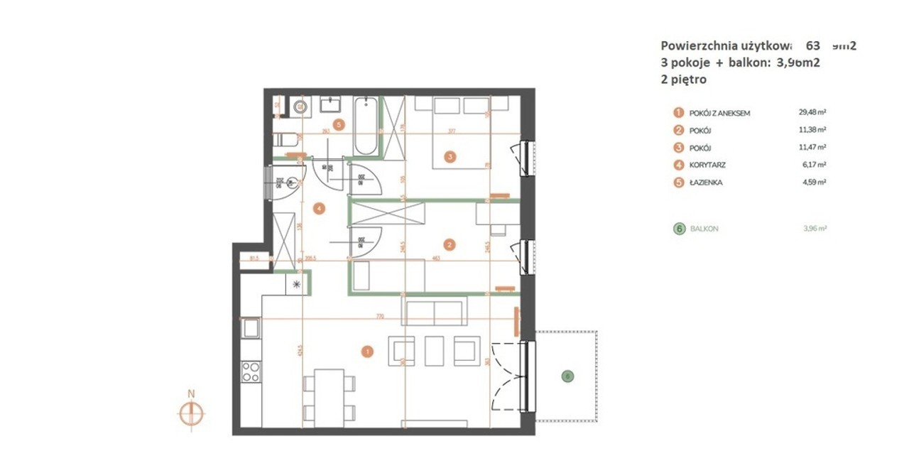 Nowe 3 pokoje, 63 m², 2 piętro, KL, garaż - Ansicht 2