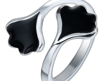 Nowy pierścionek czarne liście srebrny kolor prosty-1
