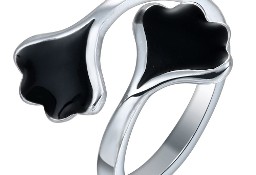Nowy pierścionek czarne liście srebrny kolor prosty