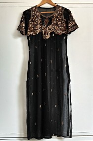 Indyjska tunika vintage retro sukienka czarna haft handmade szyfon kameez-2