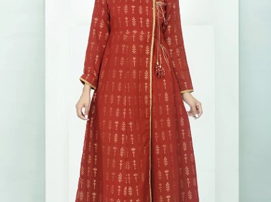 Nowa indyjska tunika sukienka narzutka M 38 L 40 czerwona złota bawełniana kurta-1