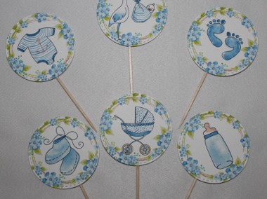 6x Pikery topper ozdoby dekoracje na Chrzest Baby Shower niebieskie dla chłopca-1