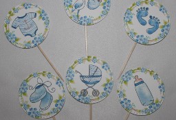 6x Pikery topper ozdoby dekoracje na Chrzest Baby Shower niebieskie dla chłopca