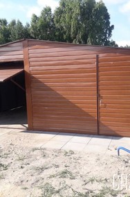 Garaż blaszany dwuspadowy z boczną wiatą kolor drewnopodobny-2