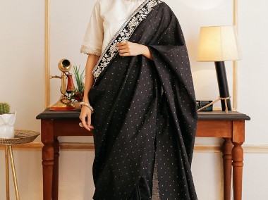 Czarne bawełniane sari saree  saari Bollywood Indie orient suknia wesele złoto-1