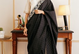 Czarne bawełniane sari saree  saari Bollywood Indie orient suknia wesele złoto