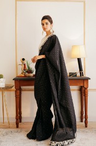Czarne bawełniane sari saree  saari Bollywood Indie orient suknia wesele złoto-2