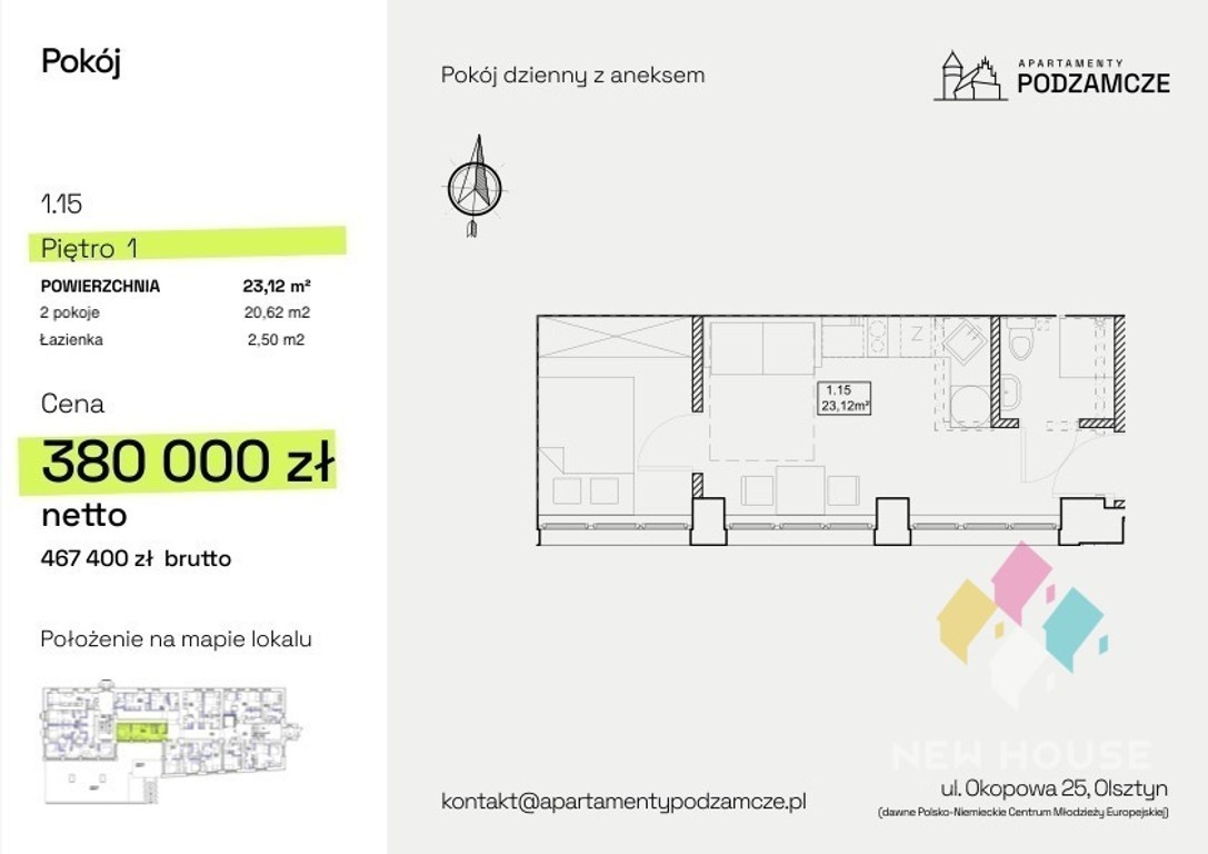 Centrum, Olsztyn, Apartamenty podzamcze, 23,12 m² - View 5