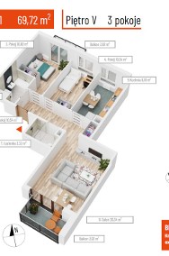3 pokoje / 69,79 m2 / V piętro/ 2 balkony / Bez pośredników-2