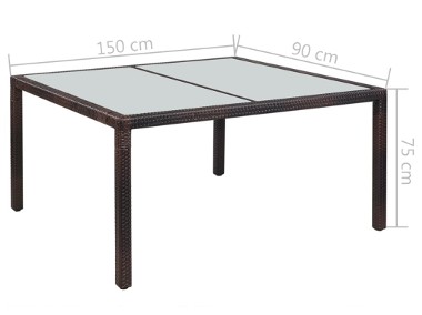 vidaXL Stół ogrodowy, 150x90x75 cm, brązowy, rattan PE i szkło 44069-2