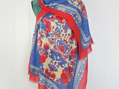 Nowy lekki szal tkany z wełną orientalny niebieski czerwony kwiaty elegancki-1