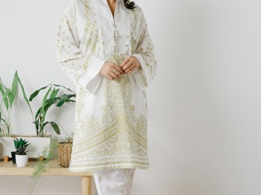 Nowa indyjska tunika kurta kameez bawełna biała złoty wzór S 36 boho hippie-1