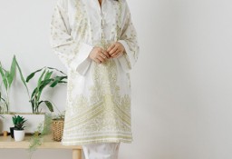 Nowa indyjska tunika kurta kameez bawełna biała złoty wzór S 36 boho hippie