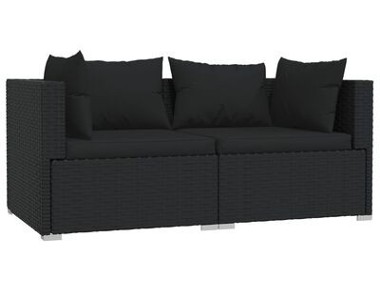 vidaXL 2-osobowa sofa z poduszkami, czarna, polirattan-1