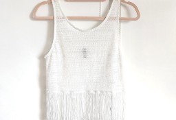 Krótka bluzka crop top H&M XS 34 S 36 biała frędzle boho bohemian festiwal lato