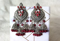 Kolczyki indyjskie jhumki srebrny kolor czerwone koraliki boho bohemian etno