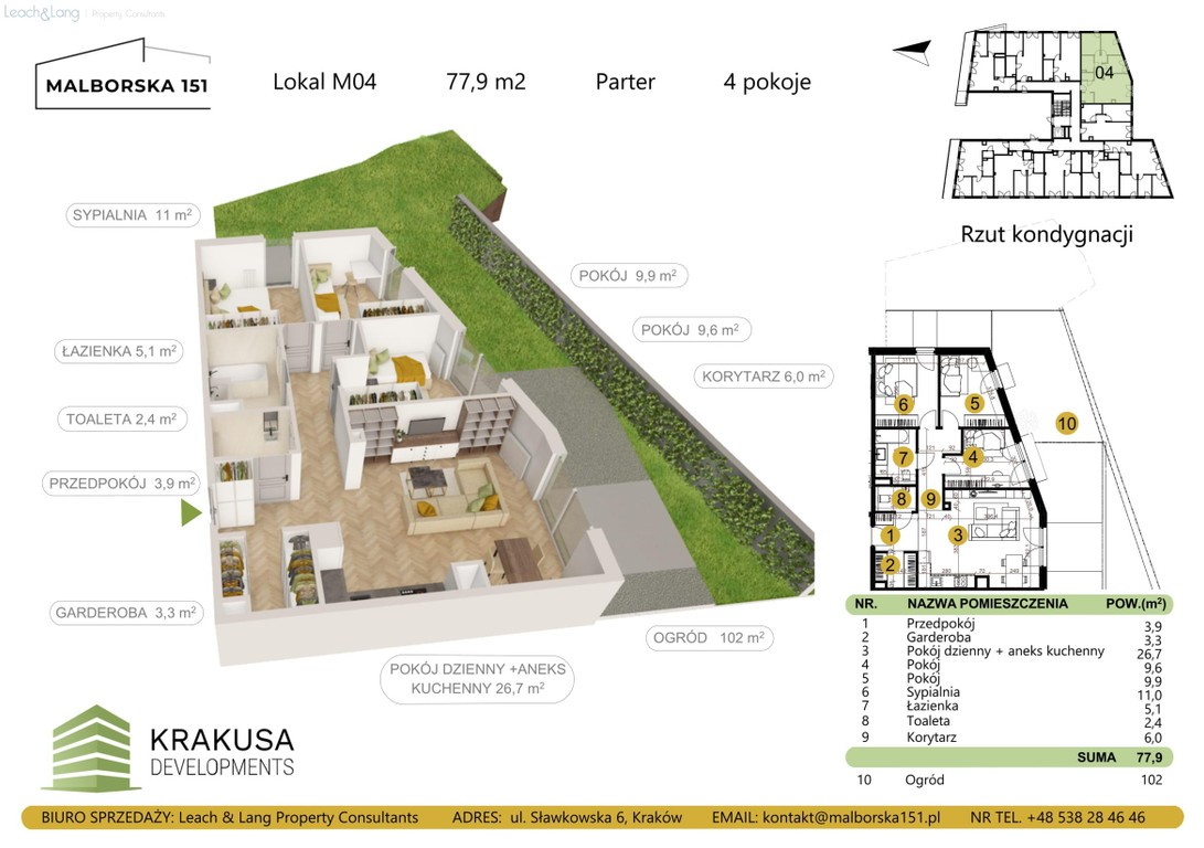 4 pokoje, ogród 102m2, Malborska 151, Wola Duchacka