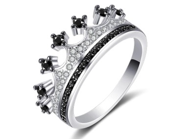 Nowy pierścionek srebrny kolor czarne cyrkonie korona tiara diadem celebrytka-1
