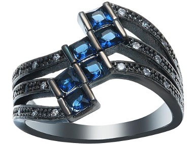 Nowy pierścionek duży czarny kolor niebieskie cyrkonie retro dark-1