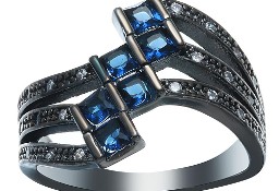 Nowy pierścionek duży czarny kolor niebieskie cyrkonie retro dark