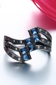 Nowy pierścionek duży czarny kolor niebieskie cyrkonie retro dark-2