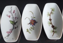 Ręcznie malowane eliptyczne małe patery Thomas kwiaty, ptaki motyle pałki wodne 