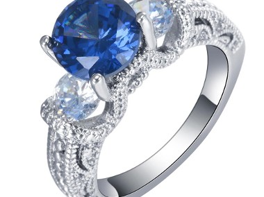 Nowy pierścionek srebrny kolor niebieska cyrkonia białe cyrkonie retro-1