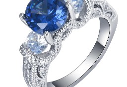Nowy pierścionek srebrny kolor niebieska cyrkonia białe cyrkonie retro