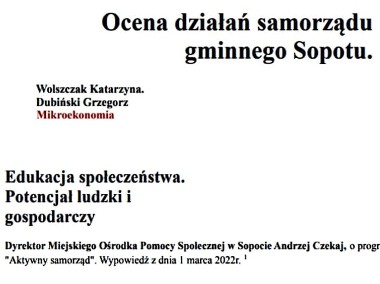 "Ocena działań samorządu﻿ gminnego Sopotu.na podstawie artykułów" Projekt Studia-1