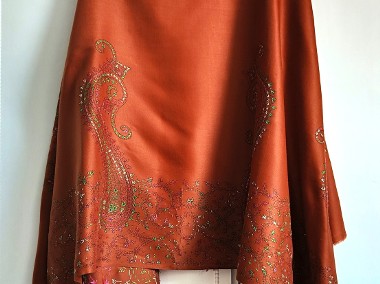 Duży szal orientalny indyjski haftowany haft rudy rdzawy paisley floral kwiaty-1