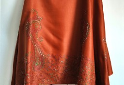 Duży szal orientalny indyjski haftowany haft rudy rdzawy paisley floral kwiaty