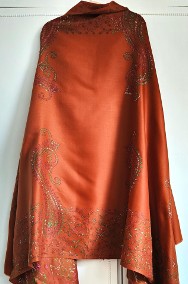 Duży szal orientalny indyjski haftowany haft rudy rdzawy paisley floral kwiaty-2