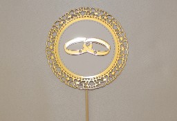 Topper ślubny dekoracja na tort złoty biały obrączki ozdoba na ślub wesele