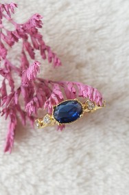 Nowy pierścionek drobny złoty kolor niebieska cyrkonia retro-2