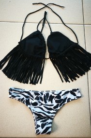 kostium kąpielowy dwuczęściowy bikini frędzle czarno-biały L-2