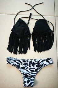 kostium kąpielowy dwuczęściowy bikini frędzle czarno-biały L-3