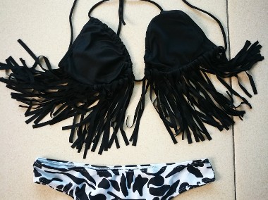 kostium kąpielowy dwuczęściowy bikini frędzle czarno-biały L-1