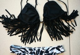kostium kąpielowy dwuczęściowy bikini frędzle czarno-biały L