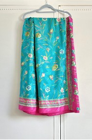 Vintage saree sari róż turkus kwiaty floral indyjska sukienka retro orient-2