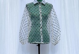 Koszula biała organza czarne kropki 38 M przezroczysta polka dots nylon