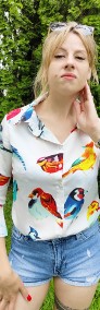 Koszula Romwe S 36 biała w ptaki ptaszki kolorowe kolor retro-4