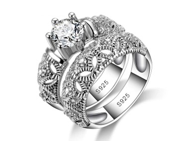 Nowe pierścionki zestaw komplet obrączka srebrny kolor cyrkonia królewski retro-1