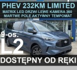 Ford Transit Custom PHEV 232KM Limited 9-osob. Kamera 360 Drzwi Lewe Matrix LEd Od ręki