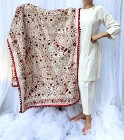 Orientalna chusta dupatta haftowana ręcznie paisley haft czerwony pompony hijab