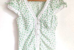 Bluzka koszula Vero Moda XS 34 biała w kwiaty zielone łączka bawełna retro