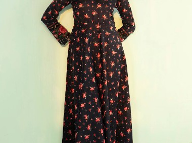 Komplet długa sukienka maxi spodnie M 38 bawełna czarna w kwiaty róże-1