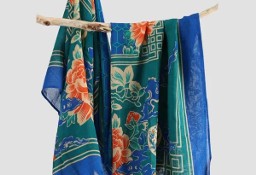 Nowy lekki szal tkany z wełną orientalny niebieski granatowy kwiaty elegancki