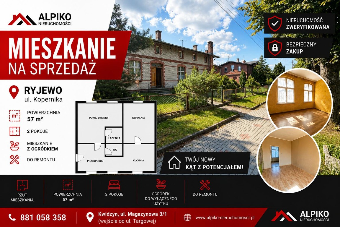 Mieszkanie 2-pokojowe w Ryjewie - z ogródkiem