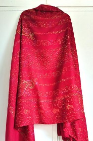 Duży szal orientalny indyjski haftowany haft paisley pashmina czerwony-2