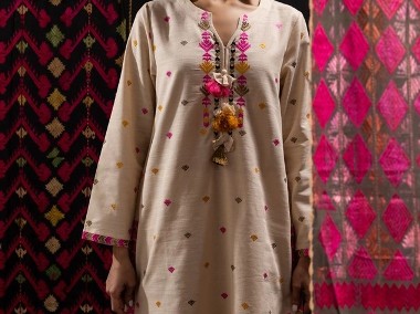 Tunika boho S 36 bawełna beżowa kolorowa wzór etno hippie indyjska orient-1